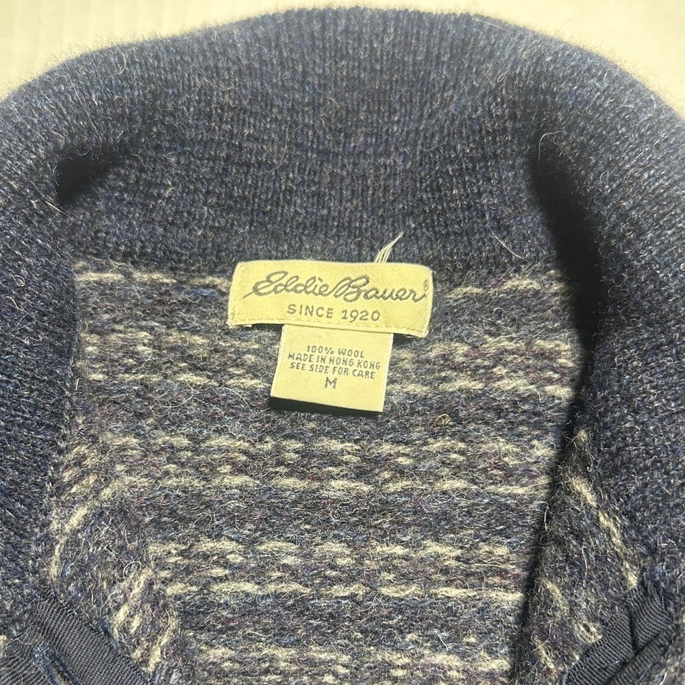 Vintage Eddie Bauer 100% wool Blue and Gray houndstooth Striped Cardigan buttons - Picture 2 of 10